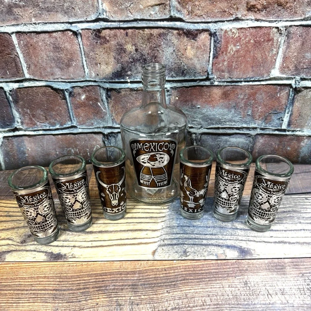 Vintage Mexican Tequila Set Decanter 6 Shot Glasses Silver Brown Overlay Barware